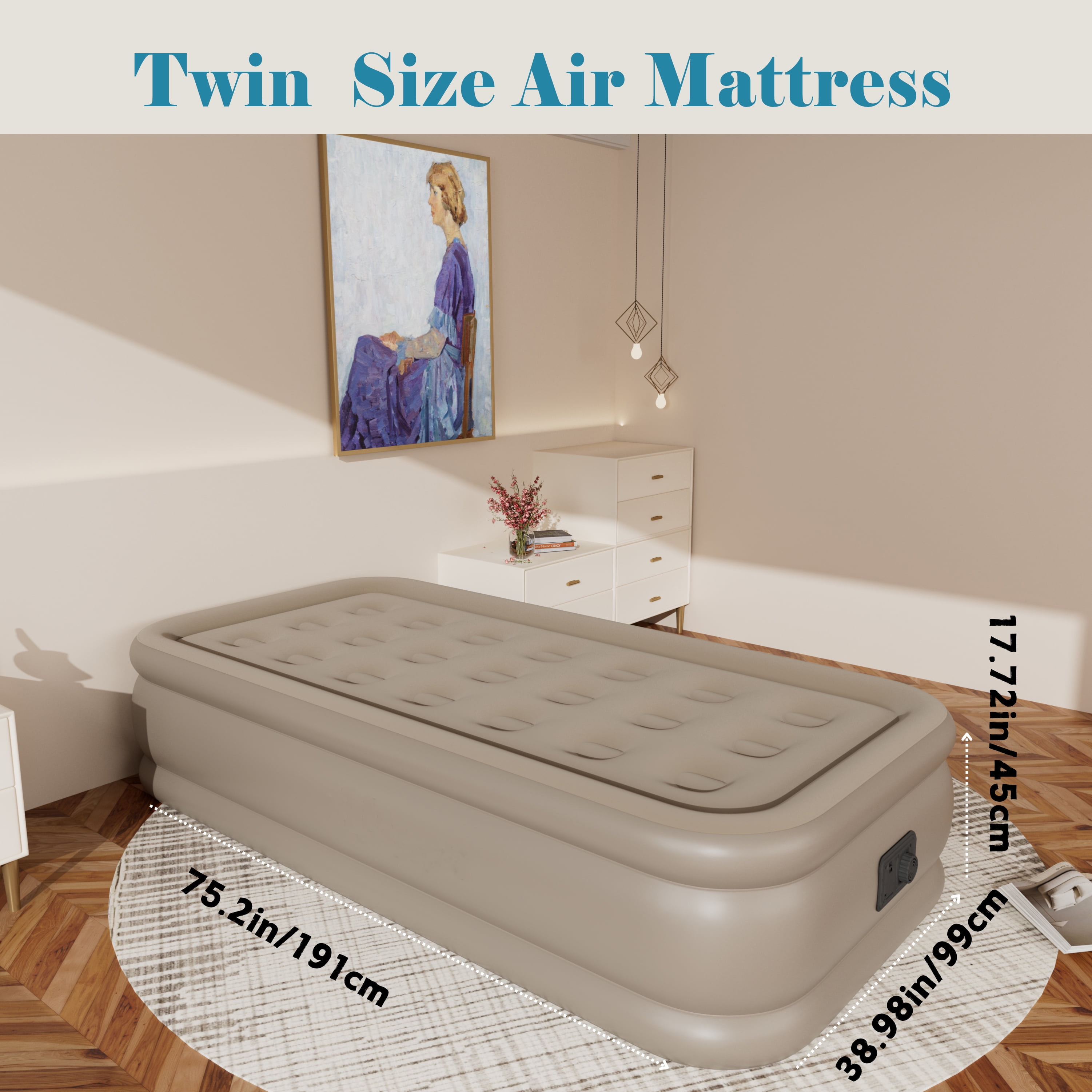 Twin Air Mattress with Built in Pump,Inflatable High Portable,Blow Up Air Bed for Home,Travel and Guest(Khaki)