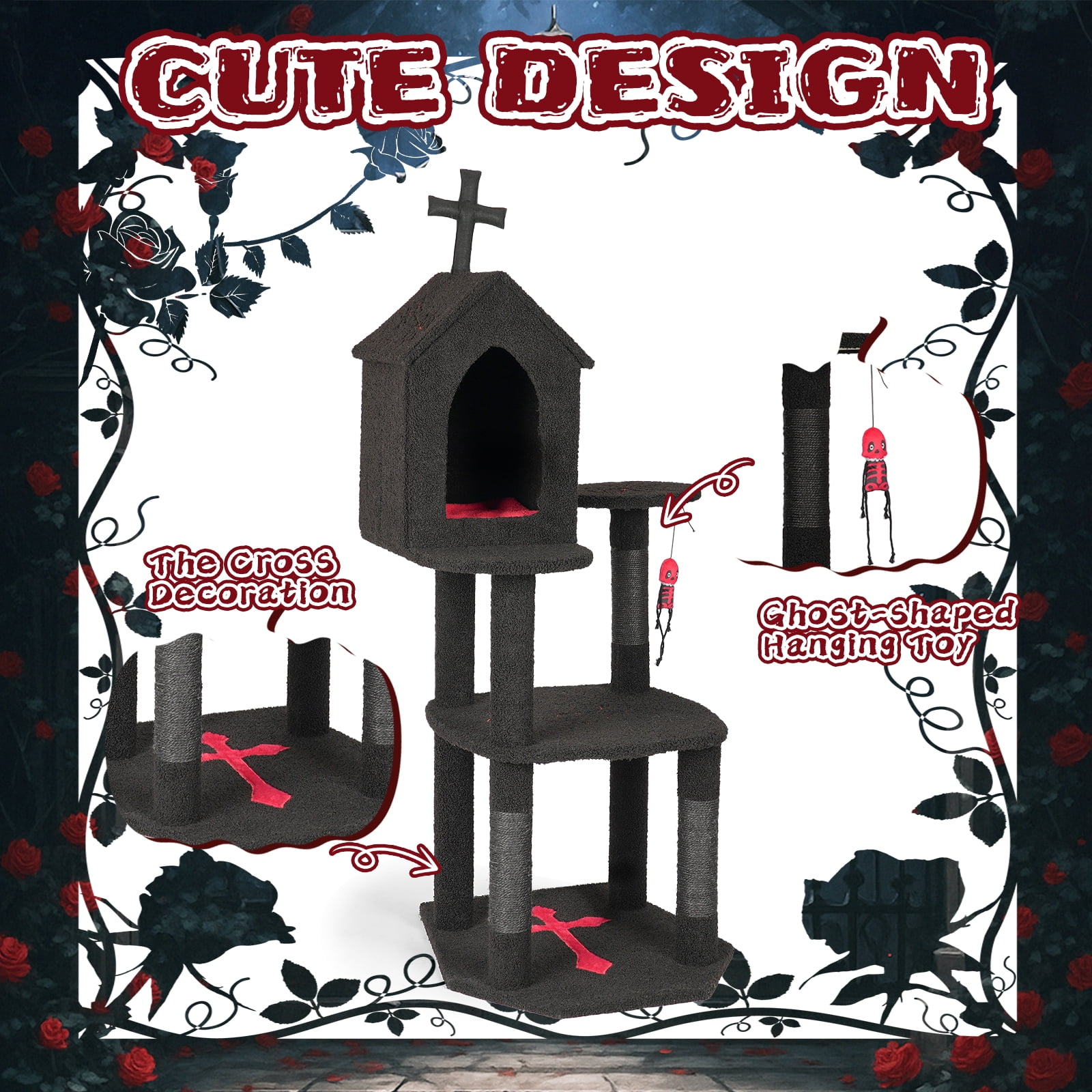 ZephyPaws 57" Gothic Cat Tower for Indoor Cats, Multi-Level Cat Tree with Large Condo, Scratching Posts, Cross Top Design, Hanging Toy & Plush Surfaces, Black and Red