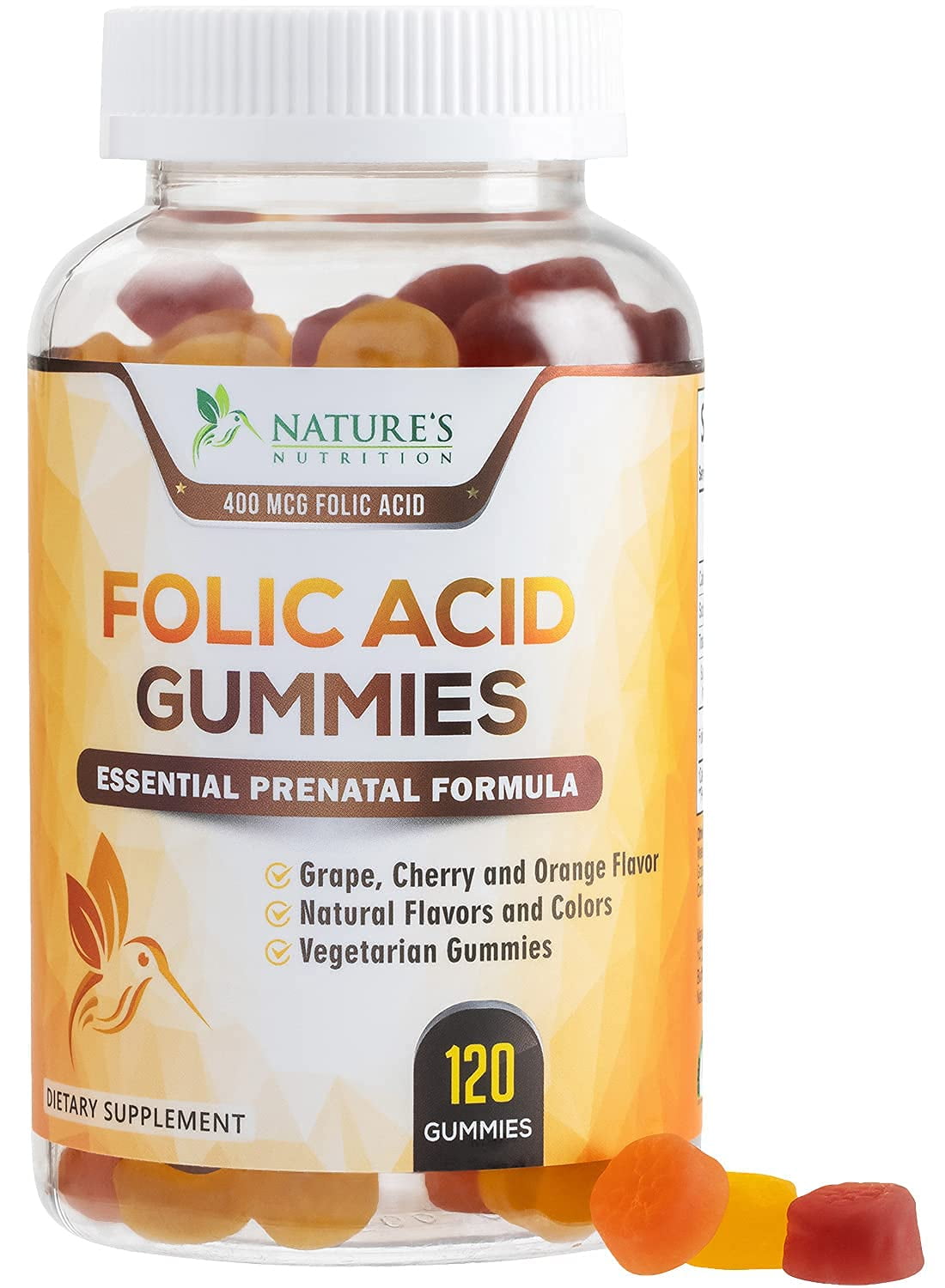 Nature's Nutrition Folic Acid Gummies Highest Potency Prenatal Vitamins, 400mcg, 120 Ct