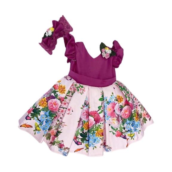 Toddler Girls Dresses Fly Sleeve Round Neck Flower Printing Dress With Bow Belt Spring And Summer Kids Girl Formal Wedding Party Pageant Ball Gowns Princess Dresses๏ผ3 -4 Years