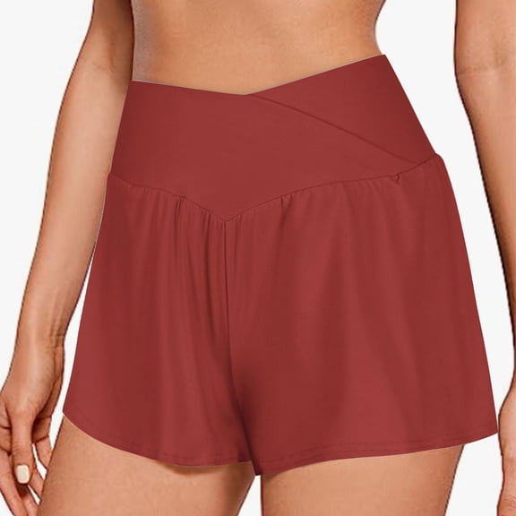 Qetyuw Womens Crossover High Waist Shorts Comfy Wide Leg Baggy Yoga Shorts Soft Trendny High Rise Running Athletic Shorts Under $10