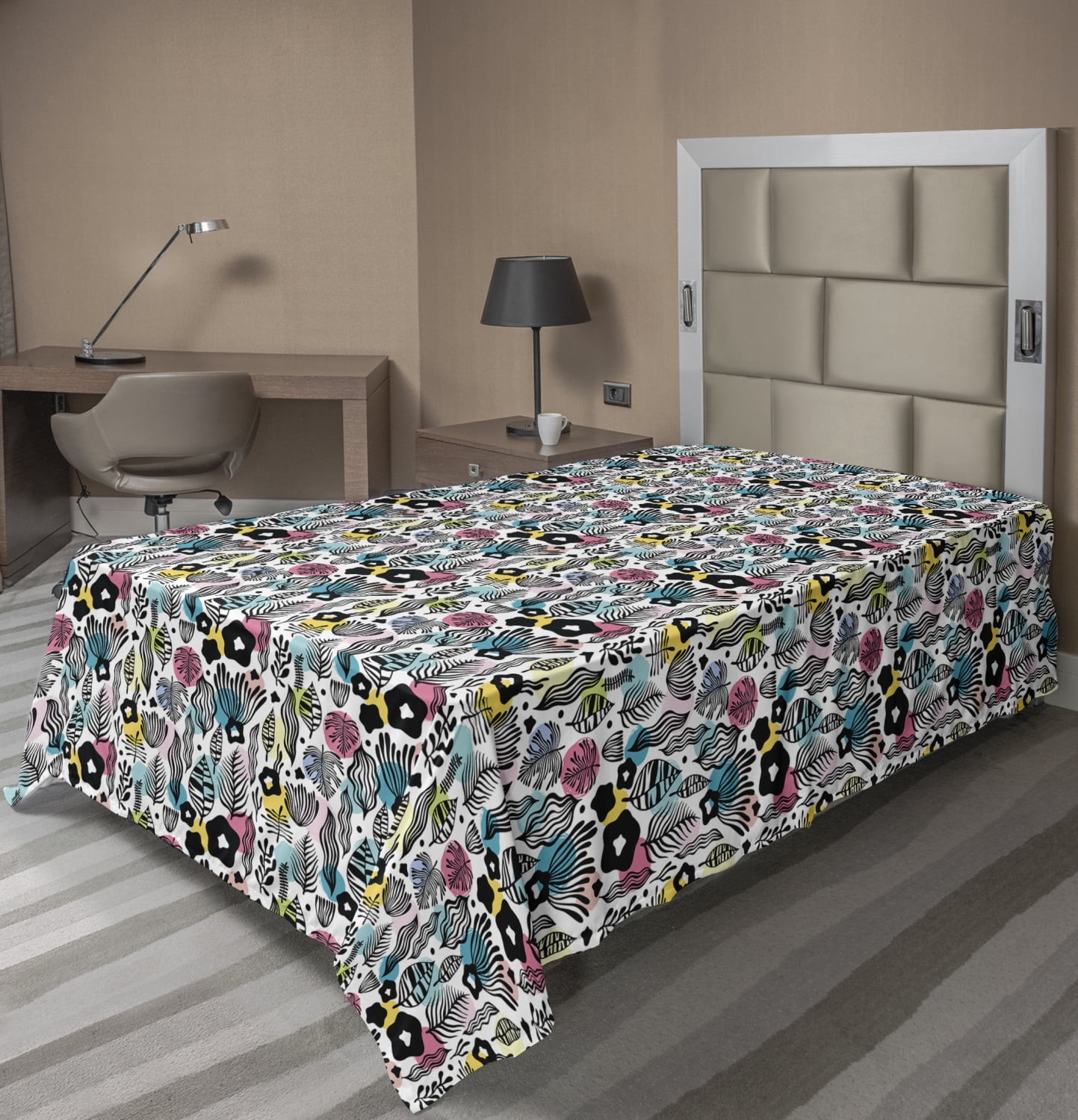 Floral Flat Sheet, Botanical Illustration in Doodle Art Style with Abstract Leaves and Colorful