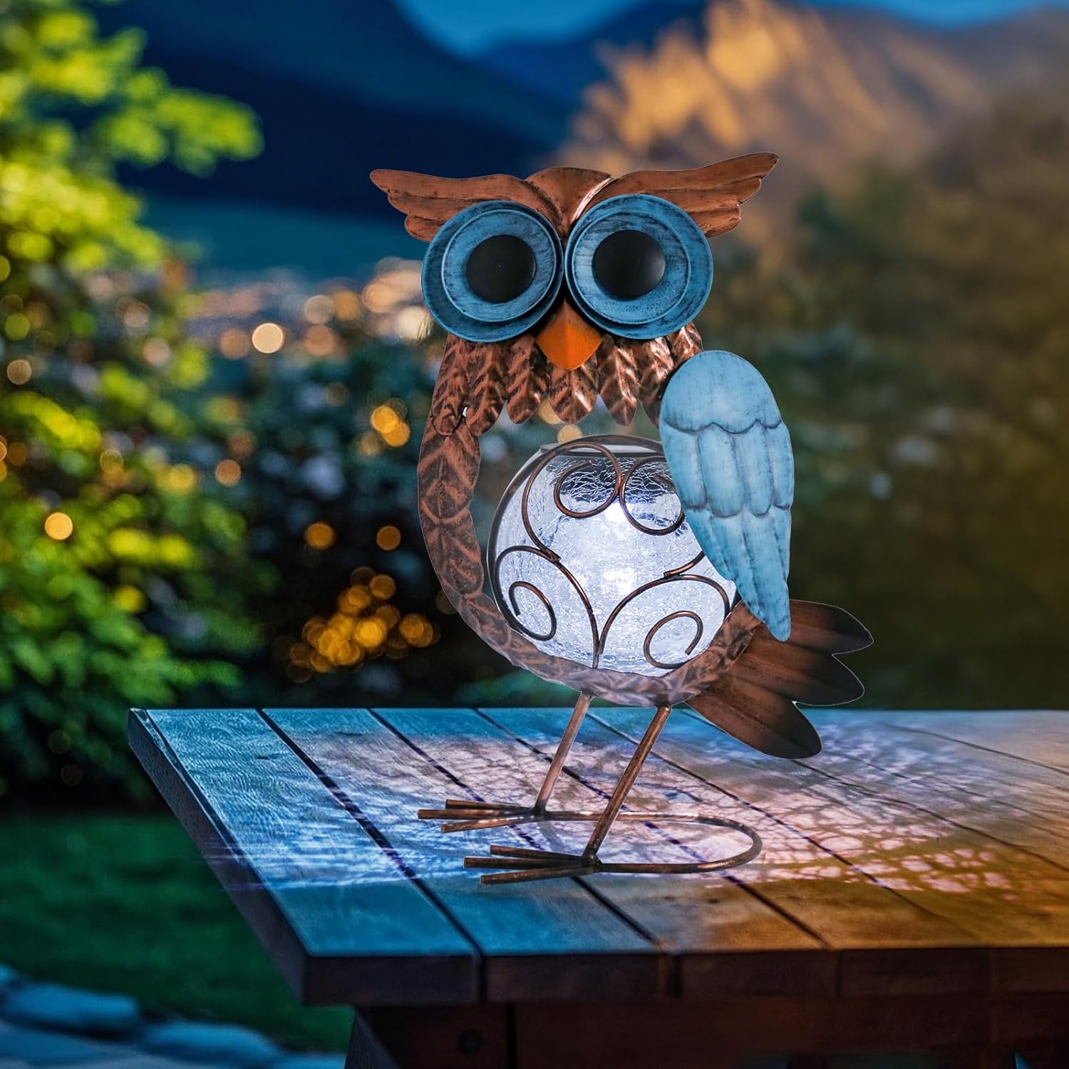 Outdoor Statue,Solar Owl Statue: Crackle Glass Globe Light, Metal Garden Sculpture for Lawn Porch Patio Outside Garden Decor