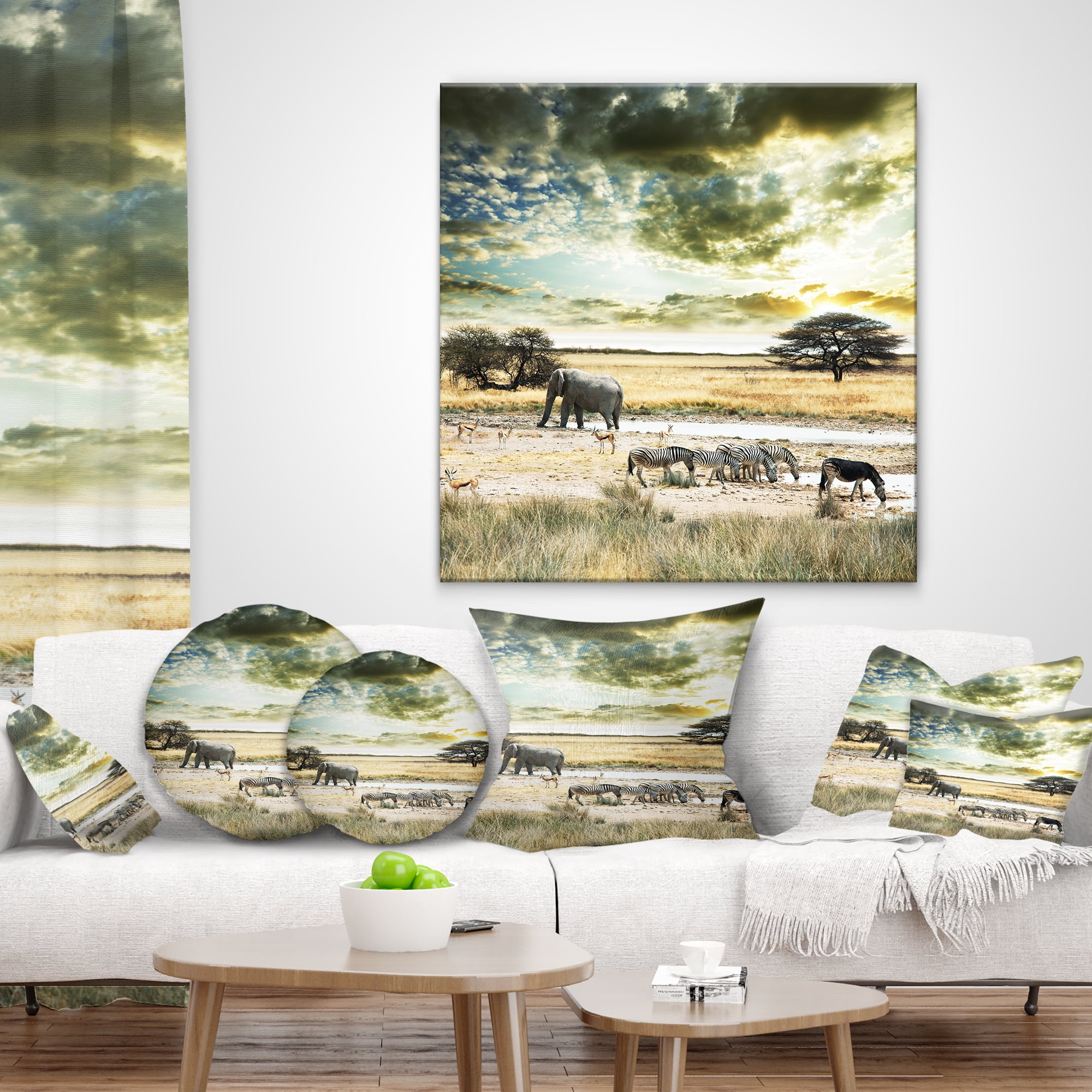 Designart Wild African Zebras and Elephant - African Throw Pillow - 12x20