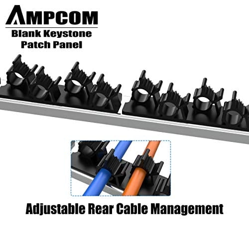 Panel de conexión Keystone en blanco AMPCOM de 24 puertos 1U, montaje en rack o pared de 19 pulgadas con panel de administración de cables trasero para Ethernet Cat5e/Cat6/Cat7, USB, HDMI