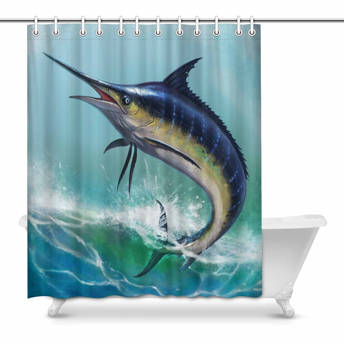 SUNENAT Blue Marlin Fish in the Ocean Waterproof Polyester Shower Curtain Bathroom 60(Wide) x 72