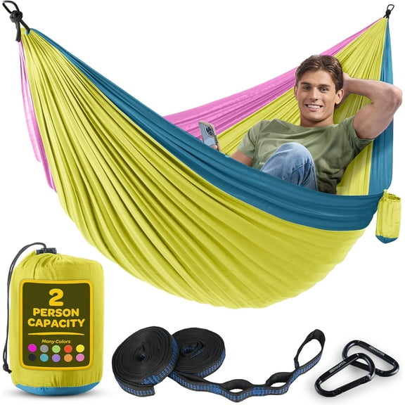 Durable Hammock 400 lb Capacity, Nylon Camping Hammock Chair - Double or Single Sizes w/Tree Straps and Attached Carry Bag - Portable for Travel/Backpacking/Beach/Backyard (Medium, Blue & Light Blue)
