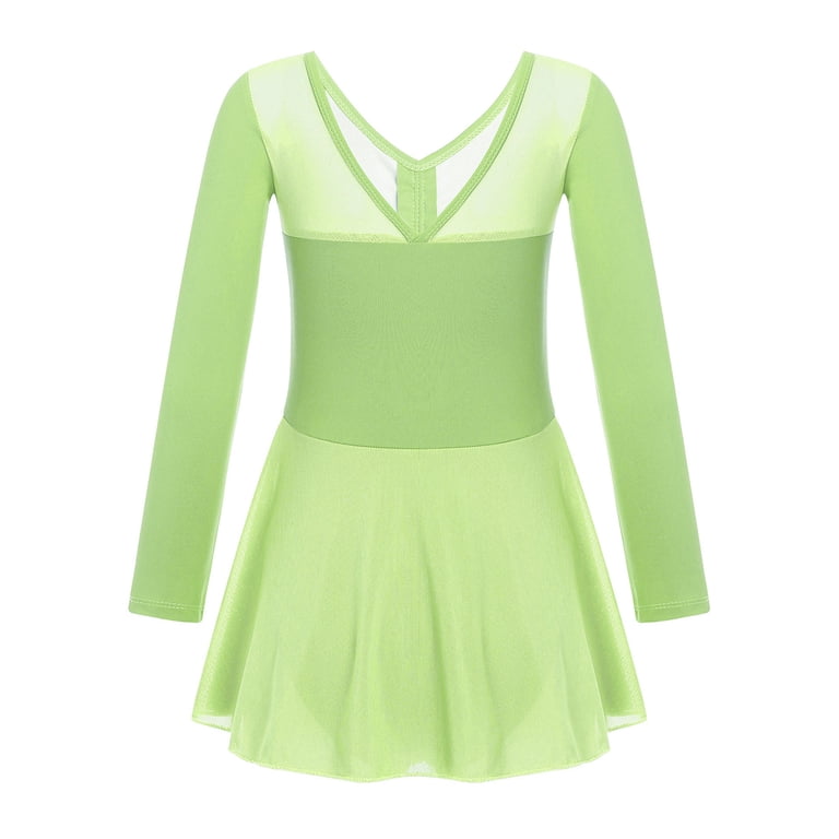 YONGHS Kids Girls Ballet Dance Leotard Tutu Dress Long Sleeve Gymnastics Dancewear Light Green 9-10