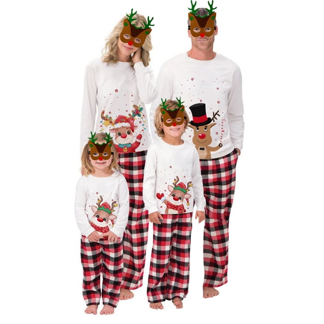 Pijamas NavideñOs Para La Familia Tops Con Estampado De Ciervos De Dibujos Animados + Pantalones A Cuadros XBTCLXEBCO Niño Blanco;3-4 Años