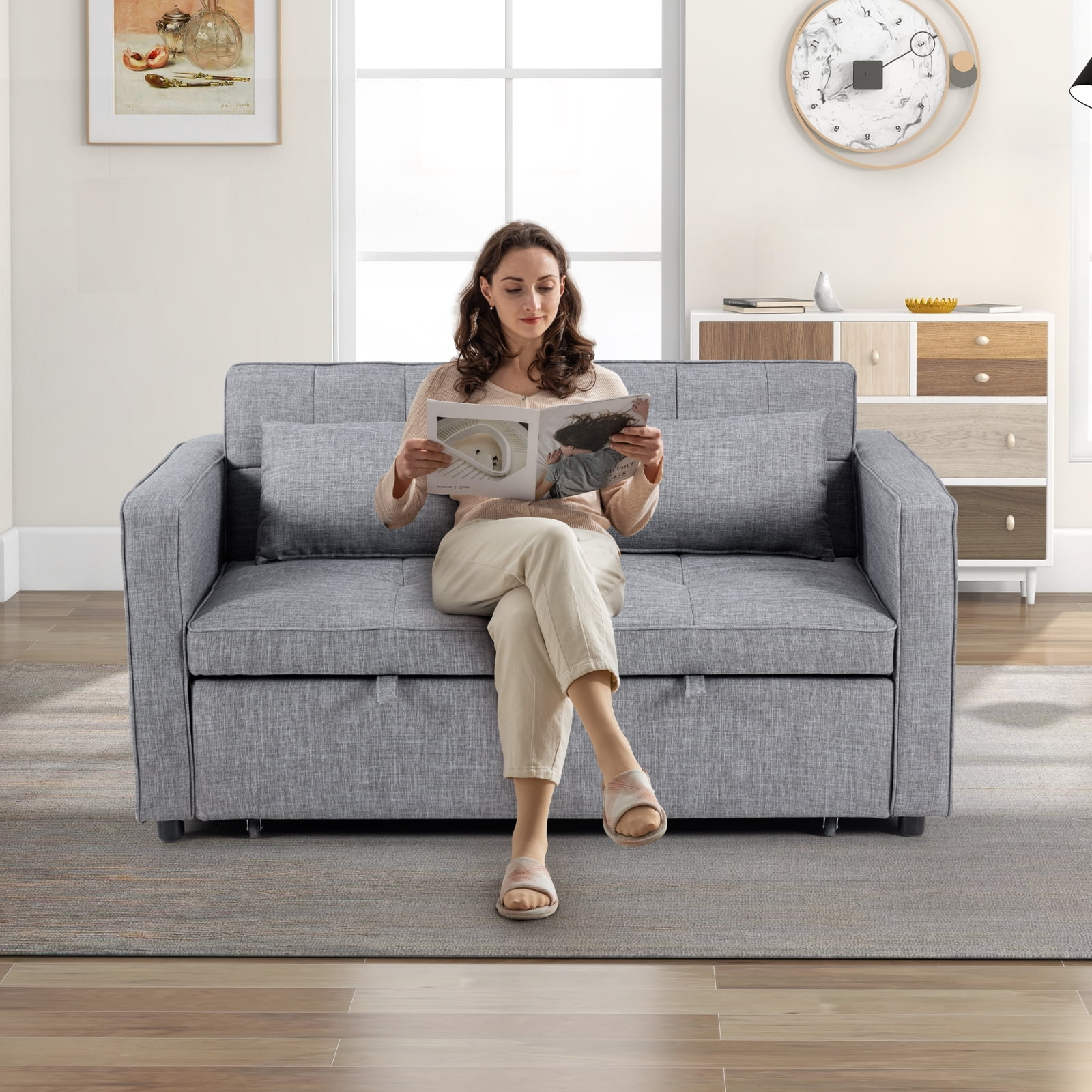 Bonzy Home Folding Convertible Loveseat Sofa Bed, Gray - 3-in-1 Pull Out Couch with Adjustable Backrest, Multi-Functional Sleeper Sofa for Living Room, Apartment, Small Space