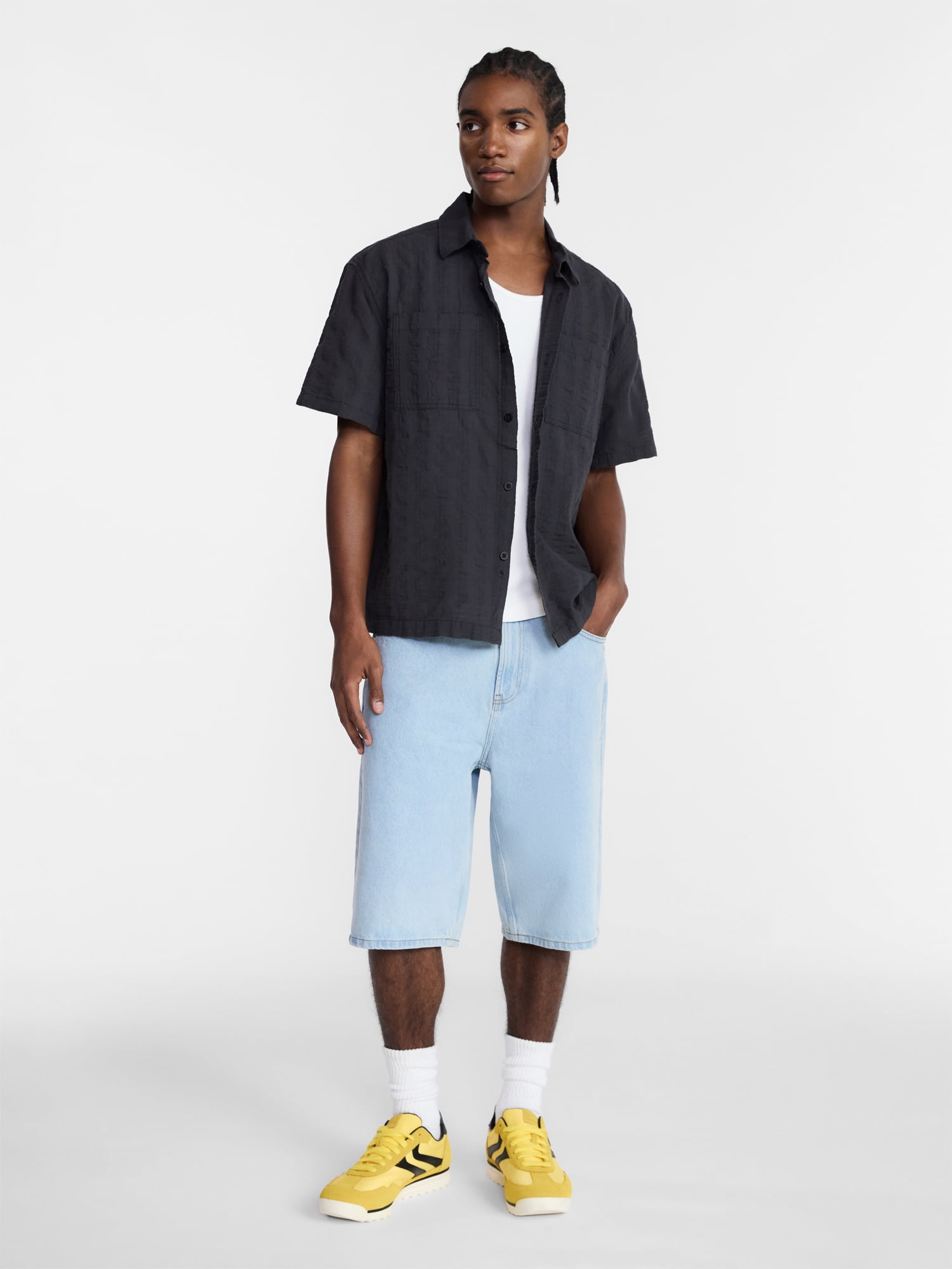 No Boundaries Textured Grid Boxy Fit Resort Shirt, Men's XS-5XL