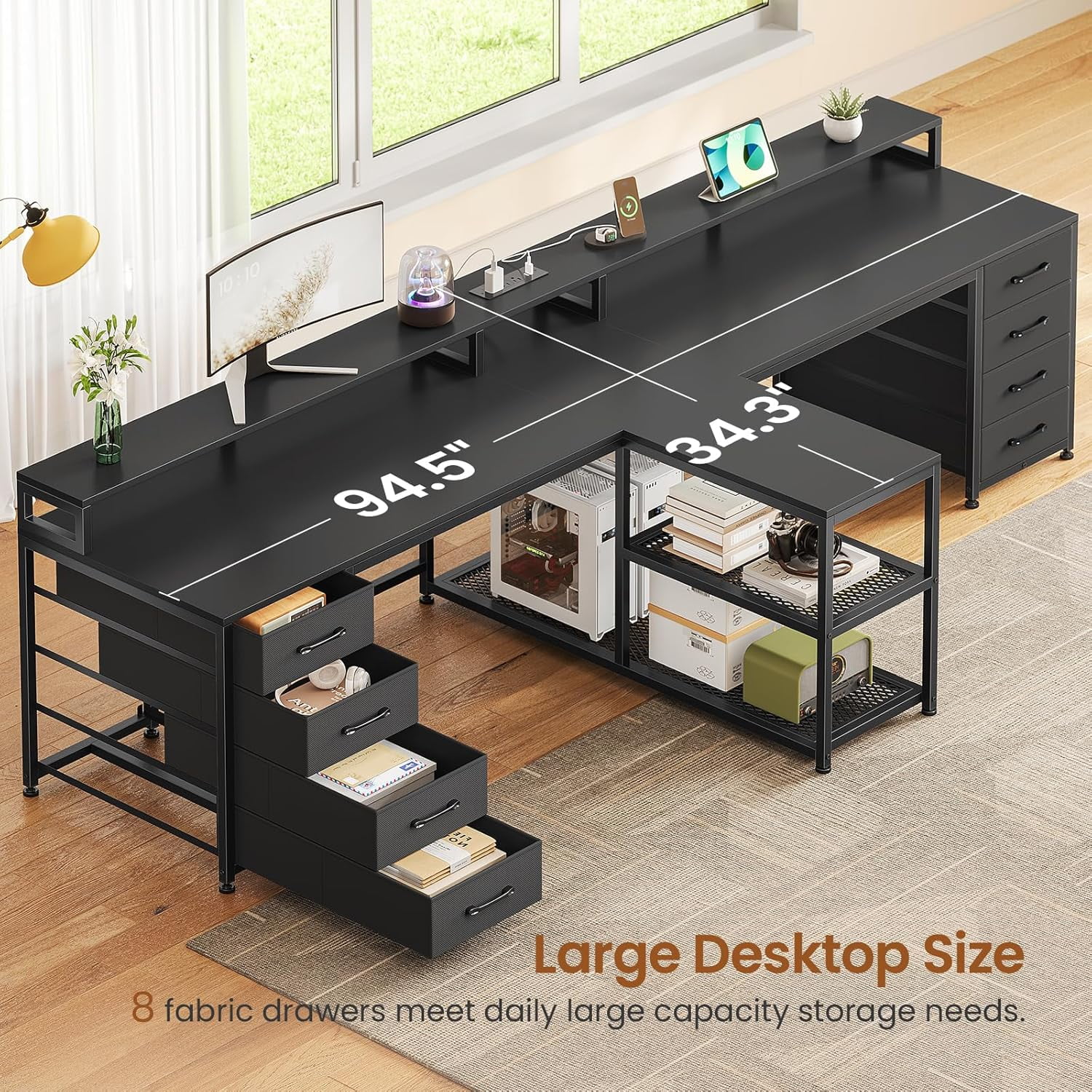 2 Person Desk with Storage, 94.5" Long Double Desk with 8 Drawers and Open Shelves, Home Office Desk with Monitor Stand and Power Outlets, Gaming Desk Dual Person Desk with LED Lights, Black