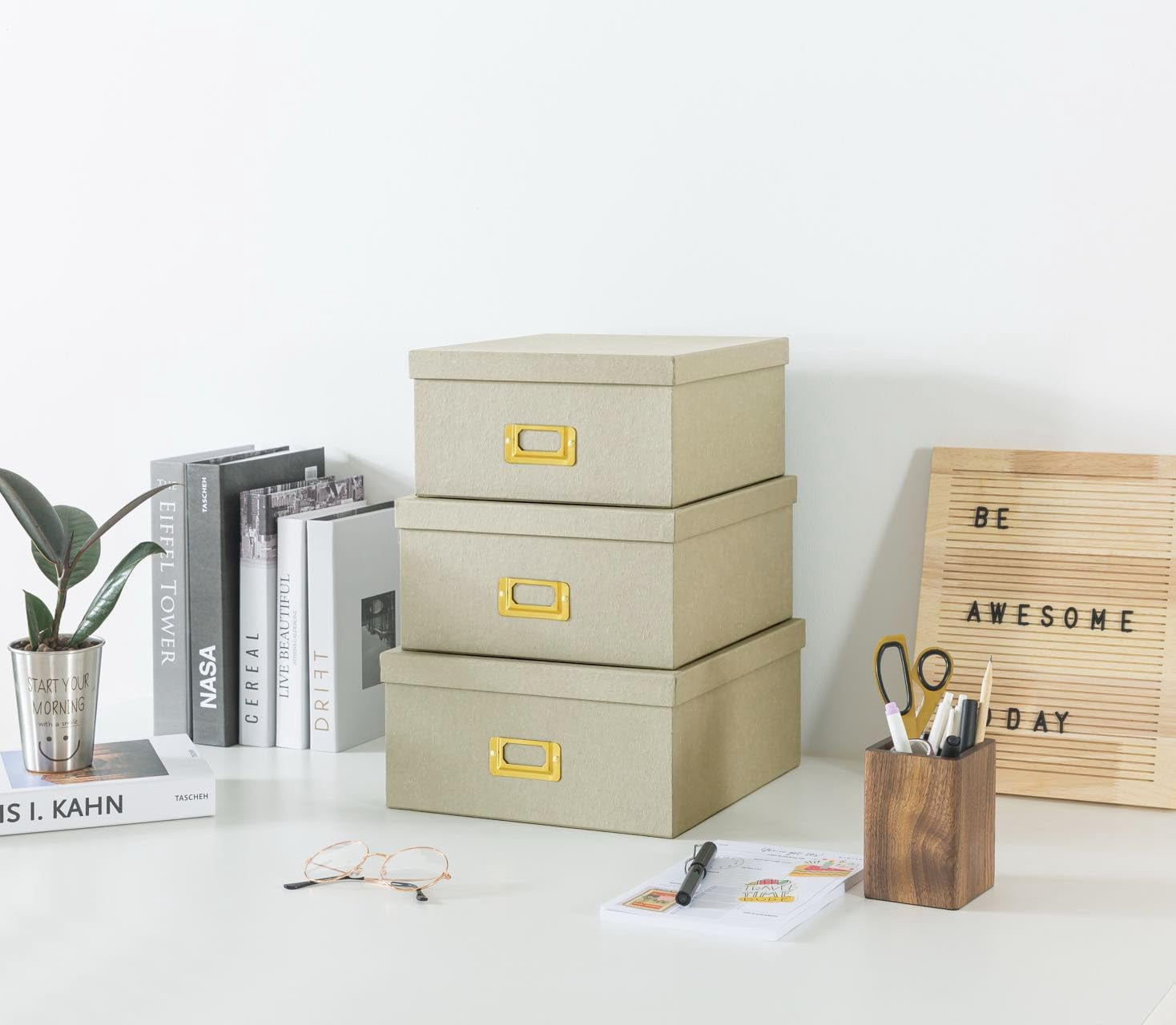 Square Stacking Boxes with Lids and Gold Label Holders, Decorative Photo Storage, Nesting Cardboard Set for Decor and Organizing