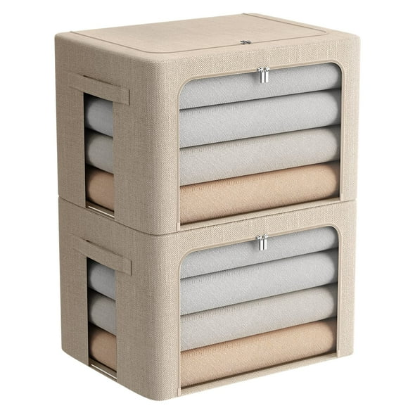 Paquete de 2 contenedores de almacenamiento con ventana transparente, cajas de almacenamiento de tela plegables grandes para ropa, caja organizadora apilable con asas de transporte (beige, 19,7 x 15,7