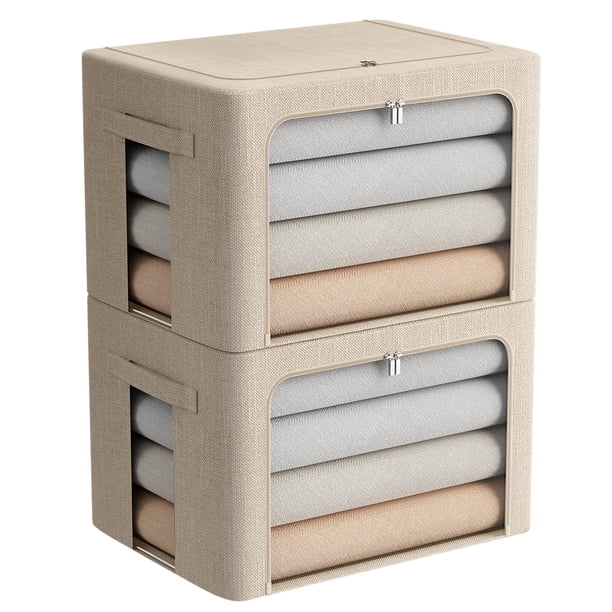 Paquete de 2 contenedores de almacenamiento con ventana transparente, cajas de almacenamiento de tela plegables grandes para ropa, caja organizadora apilable con asas de transporte (beige, 19,7 x 15,7