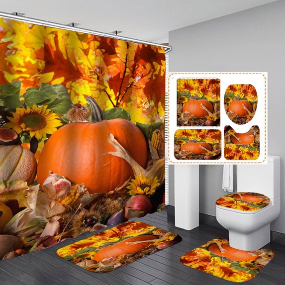 Thanksgiving Pumpkin Bathroom Four-Piece Set with Shower Curtain,Bathroom Mat,U-Shaped Rug,Toilet Lid Cover,Happy Thanksgiving Shower Curtain Set with 12pcs Hooks Accessories for Bathroom