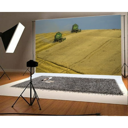 Image of MOHome 7x5ft Farmland Backdrop Wheat Field Harvester Straw Blue Sky Nature Autumn Harvest Photography Background Kids Adults Photo Studio Props