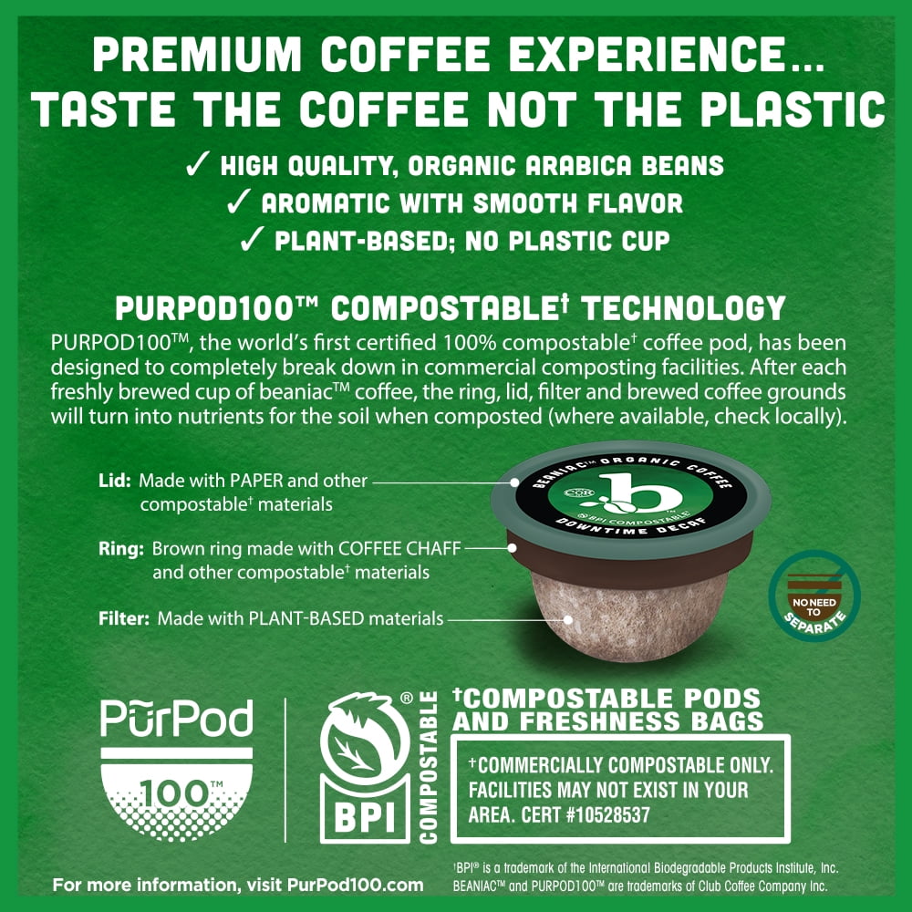 Beaniac Organic Downtime Decaf Swiss Water Decaffeinated Medium Roast Coffee Pods, 30 Count