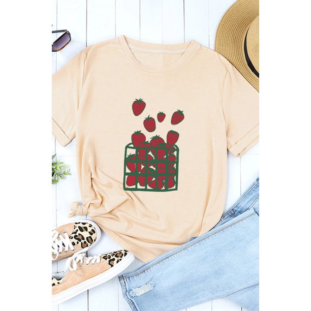 ABPHQTO Camiseta de manga corta con estampado gráfico de fresa caqui para mujer