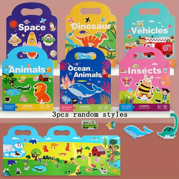 MesaSe 3-Pack Educational Reusable Activity Books for Kids Ages 3-6 Interactive Learning Themes Space Dinosaurs Animals Ocean Life Bugs and Vehicles with 30 Reusable Pieces Each