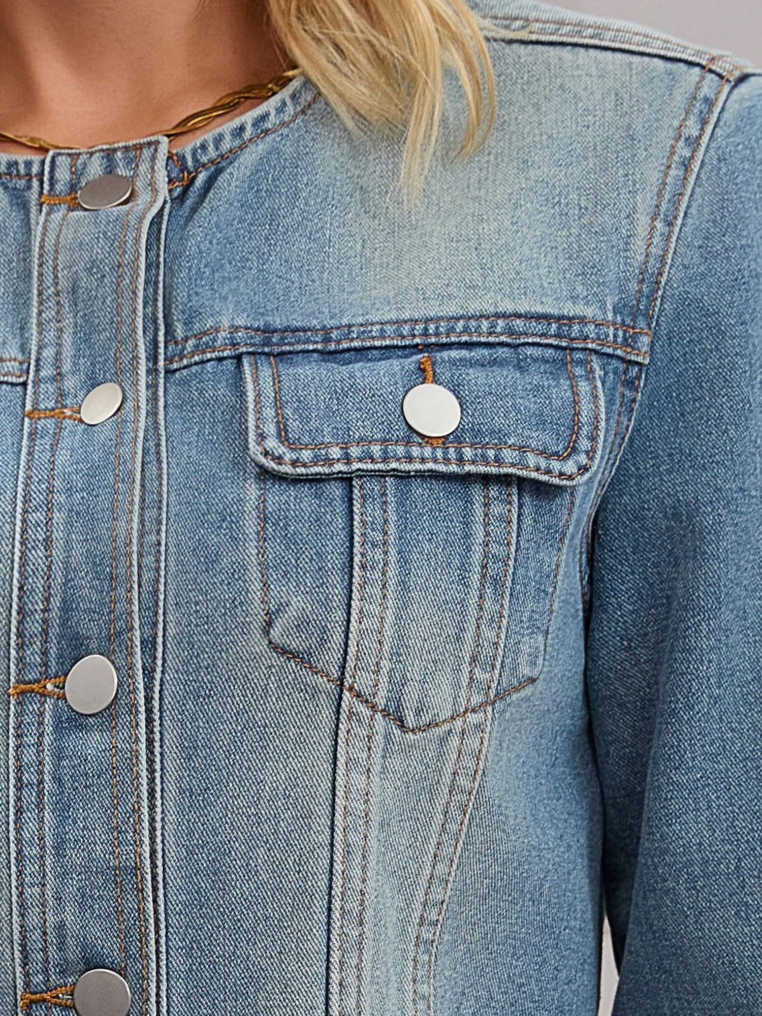 DARING DIVA Women's Collarless Button Down Long Sleeve Denim Jacket L Vintage Blue
