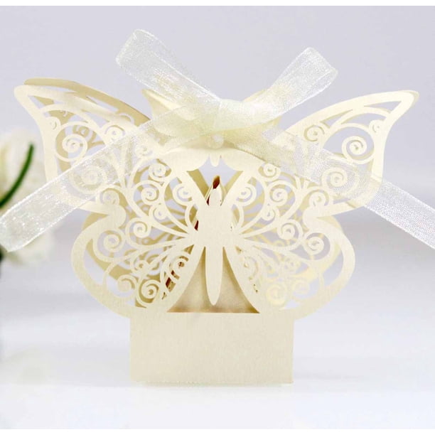 Cajas de papel con forma de mariposa recortadas con láser en color rosa para bombones y bodas, 50 unidades