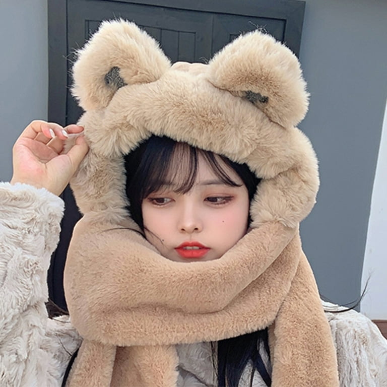 Wanwan Bear Head Thicken Cozy Winter Hat All in one Gloves Hat