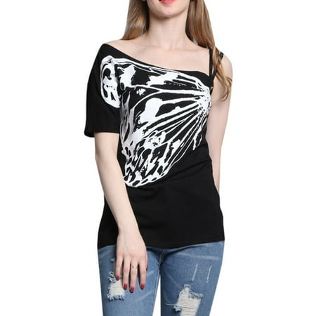 Day Trip Butterfly Top S-5XL Plus Size Summer Short Sleeve Butterfly Printing Women's One Shoulder Casual T-shirts ()