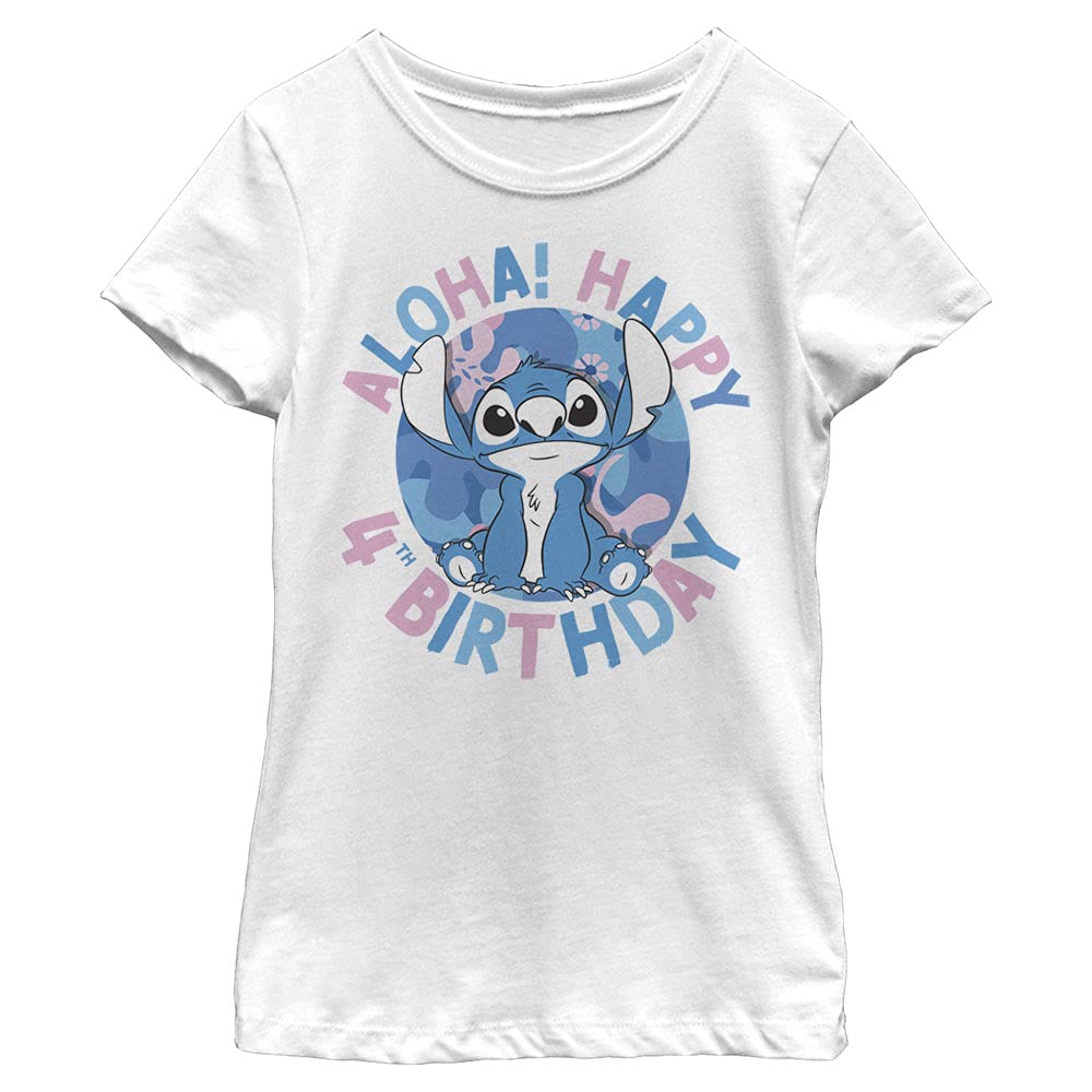 Disney Lilo & Stitch Stitch 4th Birthday Girl's Solid Crew Tee, White, Large