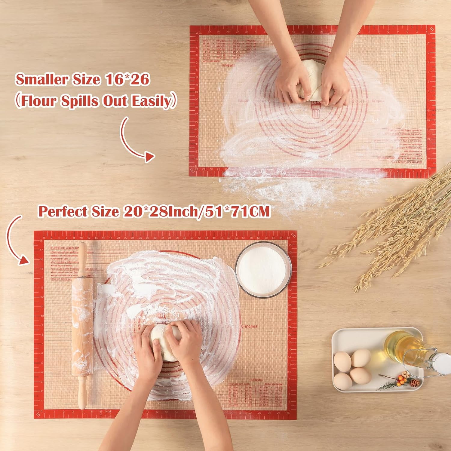 Non-slip Silicone Pastry Mat Extra Large with Measurements 28''By 20'' for Silicone , Counter, Dough Rolling, Oven Liner,Fondant/Pie Crust By Red