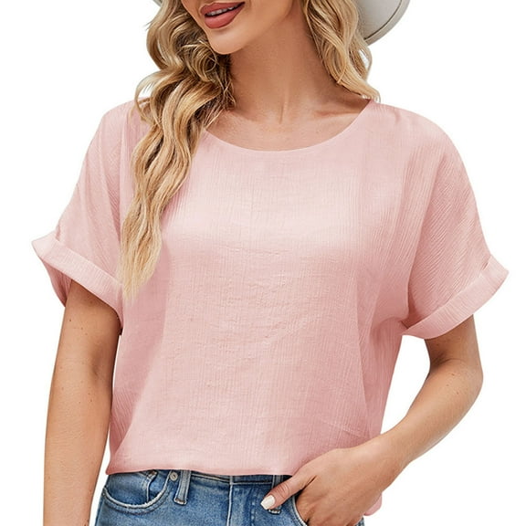 Wiyuqeen Elegant Solid Color Blouses for Women Baggy Flowy Rolled Short Sleeve Tunics Soft Trendy Side Split T-shirts Ladies Basic Summer Comfy Tops