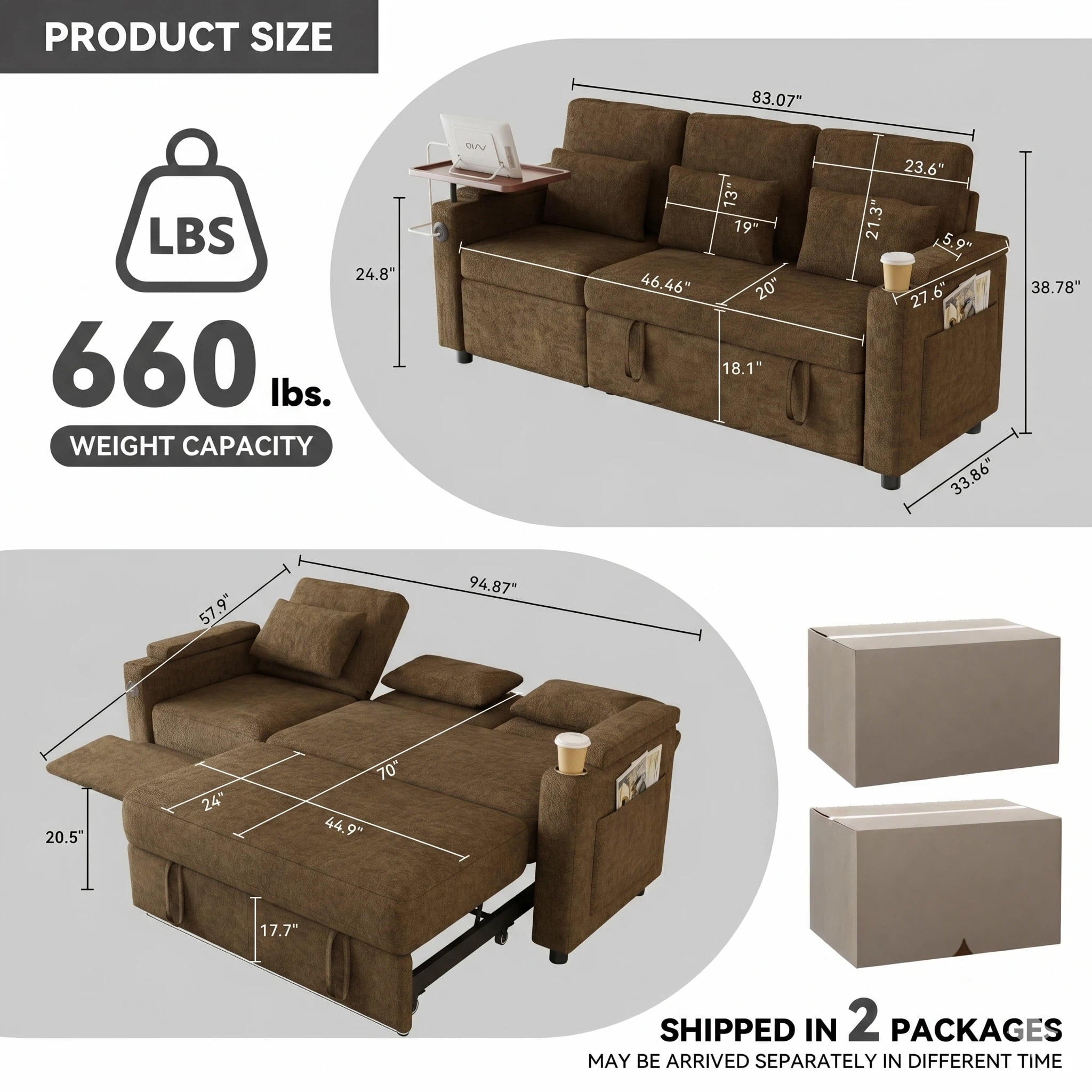 AISWORD 83" 3-in-1 Convertible Pull Out Sofa Bed, 6 Position Adjustable Sleeper Couch with USB Ports, Laptop Table, Cup Holders & Side Storage Pockets, Khaki