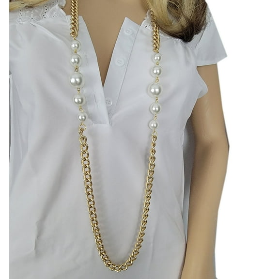 Long White Faux Pearl Beaded Curb Chain Necklace 46" Ladies Adult Women