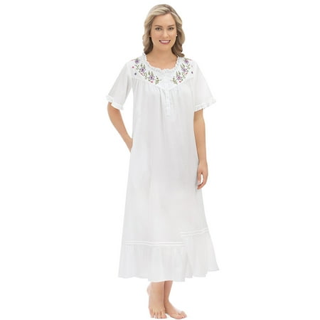 Women's Soft White Cotton Nightgown with Ruffles and Colorful Floral Embroidery Accents, White, Medium
