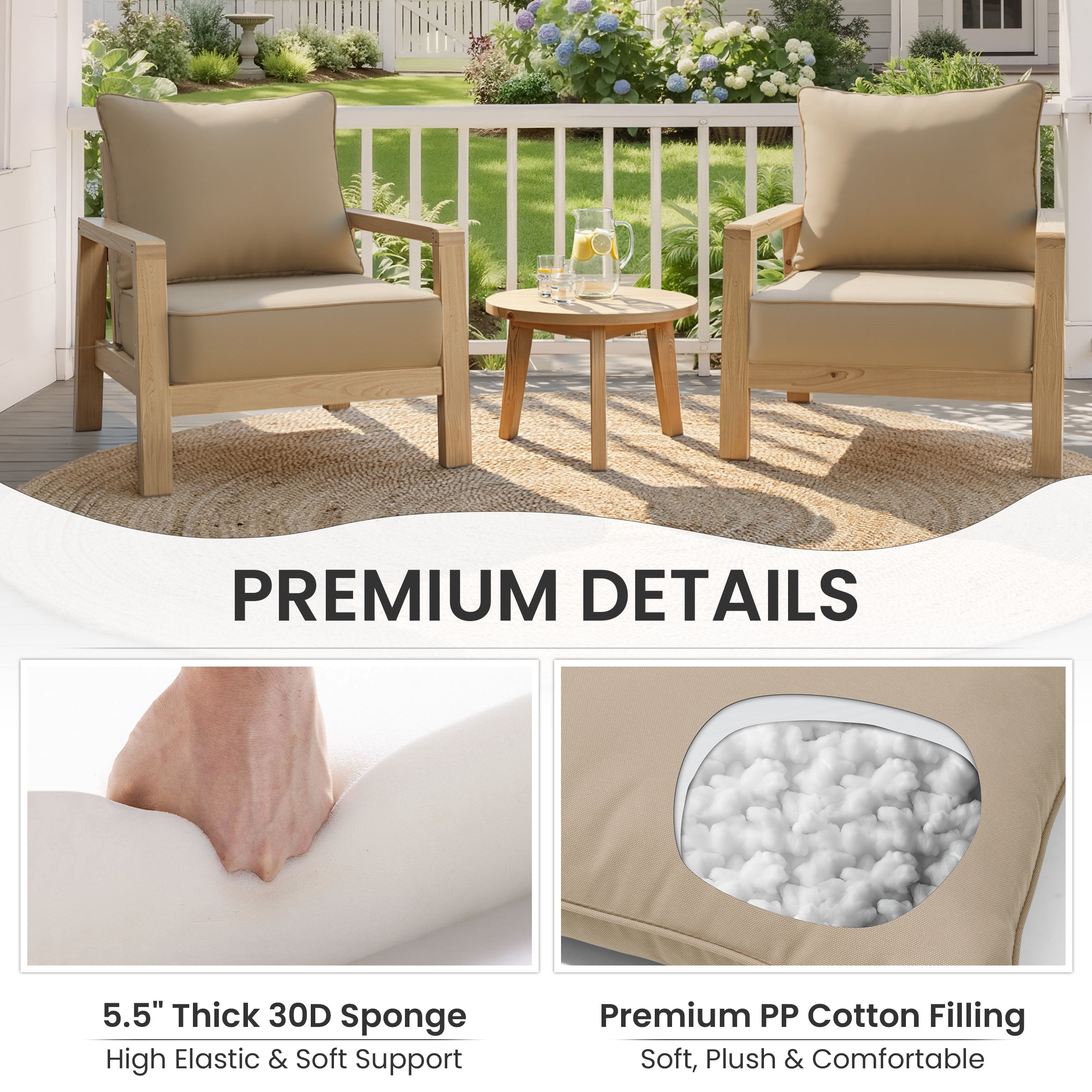 Crestlive 5.5" Outdoor Cushion for Patio Furniture Set of 2, 24 x 24, Waterproof and Fade-Resistant Deep Seat Cushions for Chair, Wicker Sofa and Couch, Beige