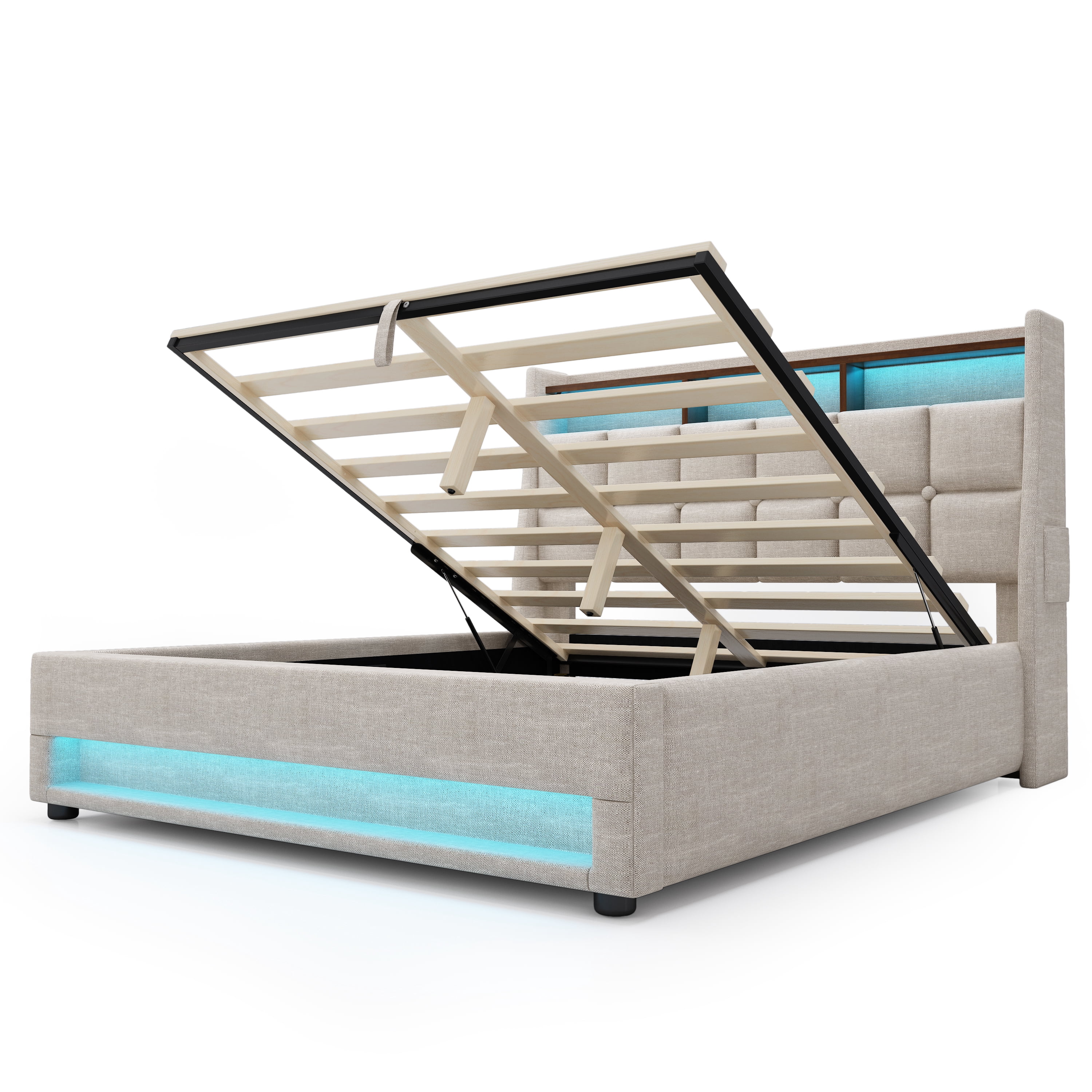 Queen size Platform bed with Hydraulic Storage, LED and Charging Station, No Box Spring Needed