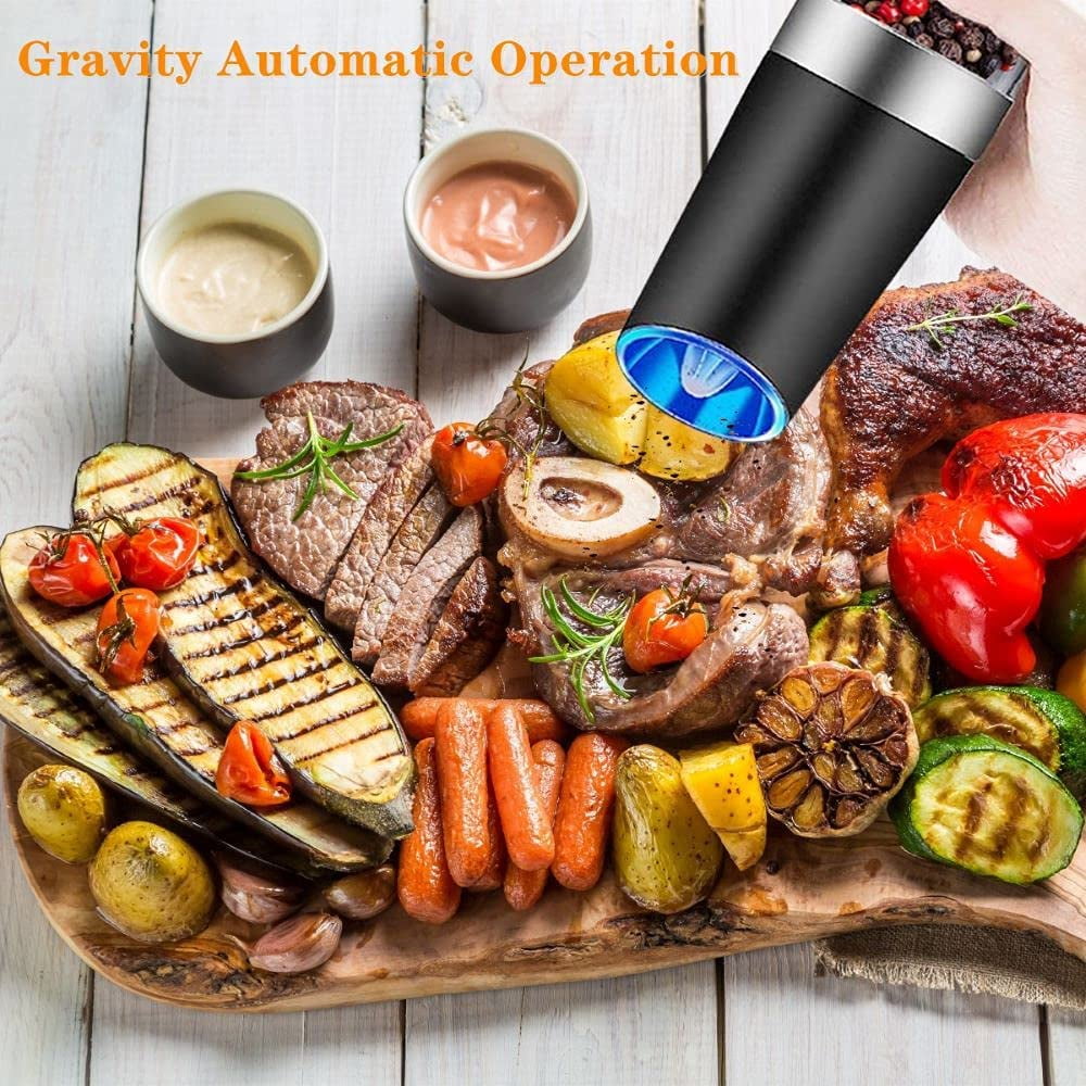 Electric gravity pepper grinder or salt grinder with adjustable thickness,  automatic pepper grinder battery, with blue LED light, DLD one-hand