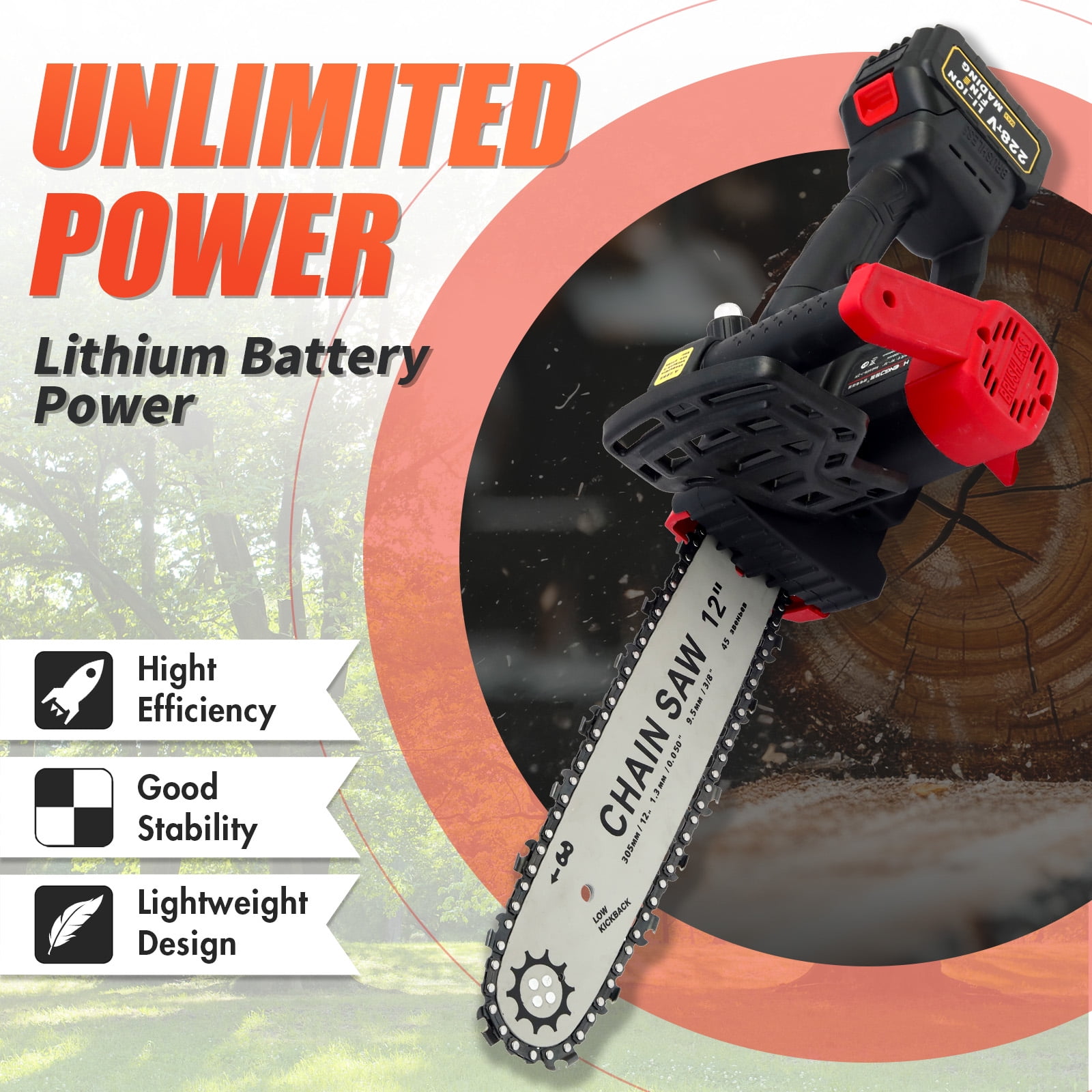 12 inch Cordless Chainsaw, Electric Chainsaw with 21V 3.0Ah
