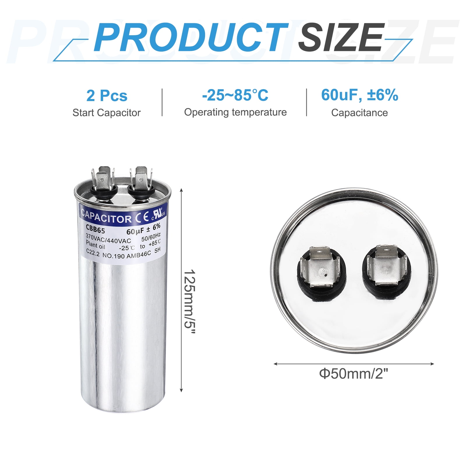 Uxcell 2Pcs 60MFD CBB65 Run Start Capacitor 60uF, 370/440V Round AC Capacitor for AC Motor Run, HVAC, Air Conditioner, Condenser Motors