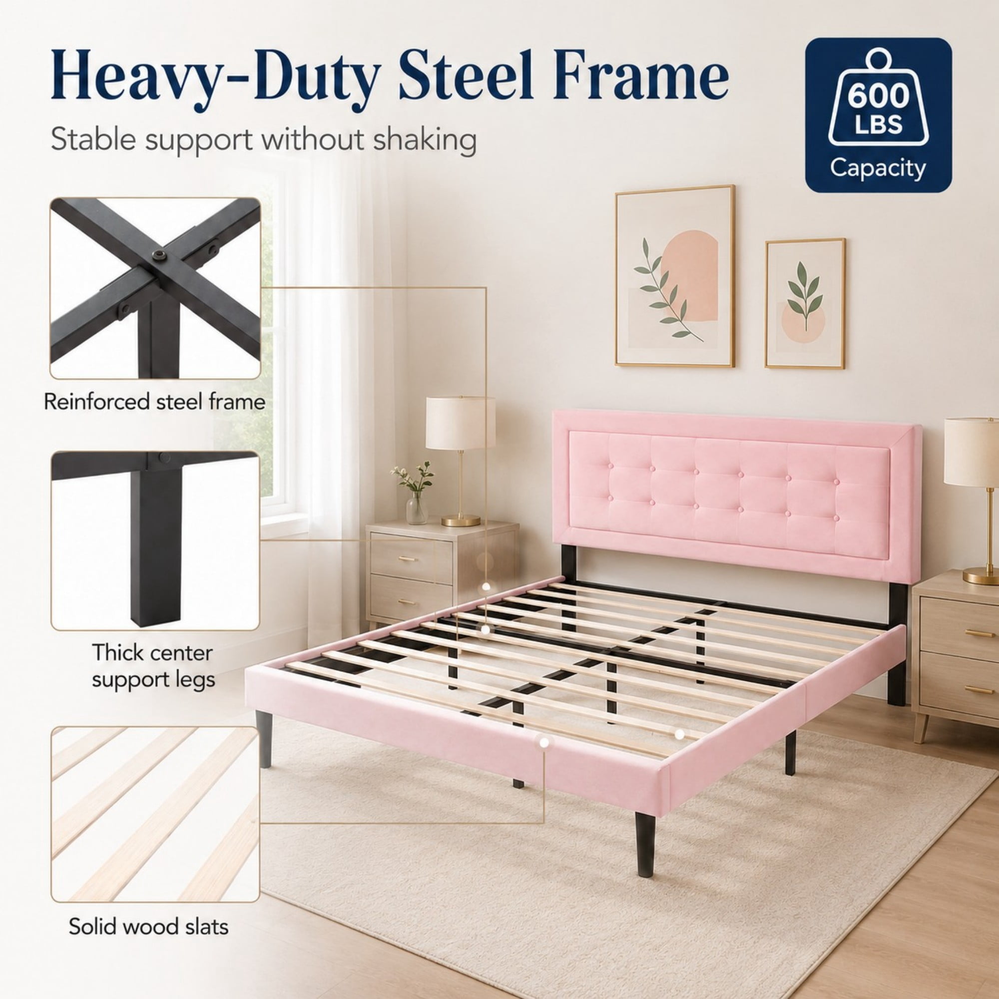DEALTOPS Queen Size Velvet Platform Bed Frame, Upholstered Tufted Headboard, No Box Spring, Pink