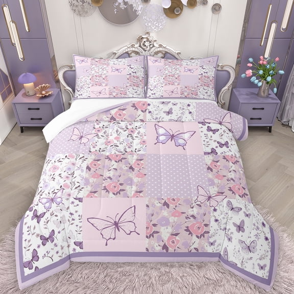 Manfei Cute Butterflies Bedding Comforter Set,Flying Animal Twin Comforter Sets,Purple White Checkered Bedding Set For Girls Kids,Super Cozy Room Decor,2-Piece