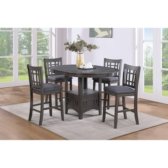 Newboti Furniture Contemporary Dining Room Counter Height 5pc Dining Set Round Table w Leaf And 4x Side Chairs Gray Finish Solid wood 05180