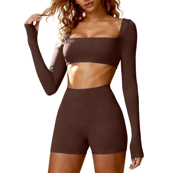 FAHXNVB Women Two Piece Workout Sets Long Sleeve Crop Tops with High Waisted Shorts Sets Stretchy Yoga Running Gym Fitness Sets