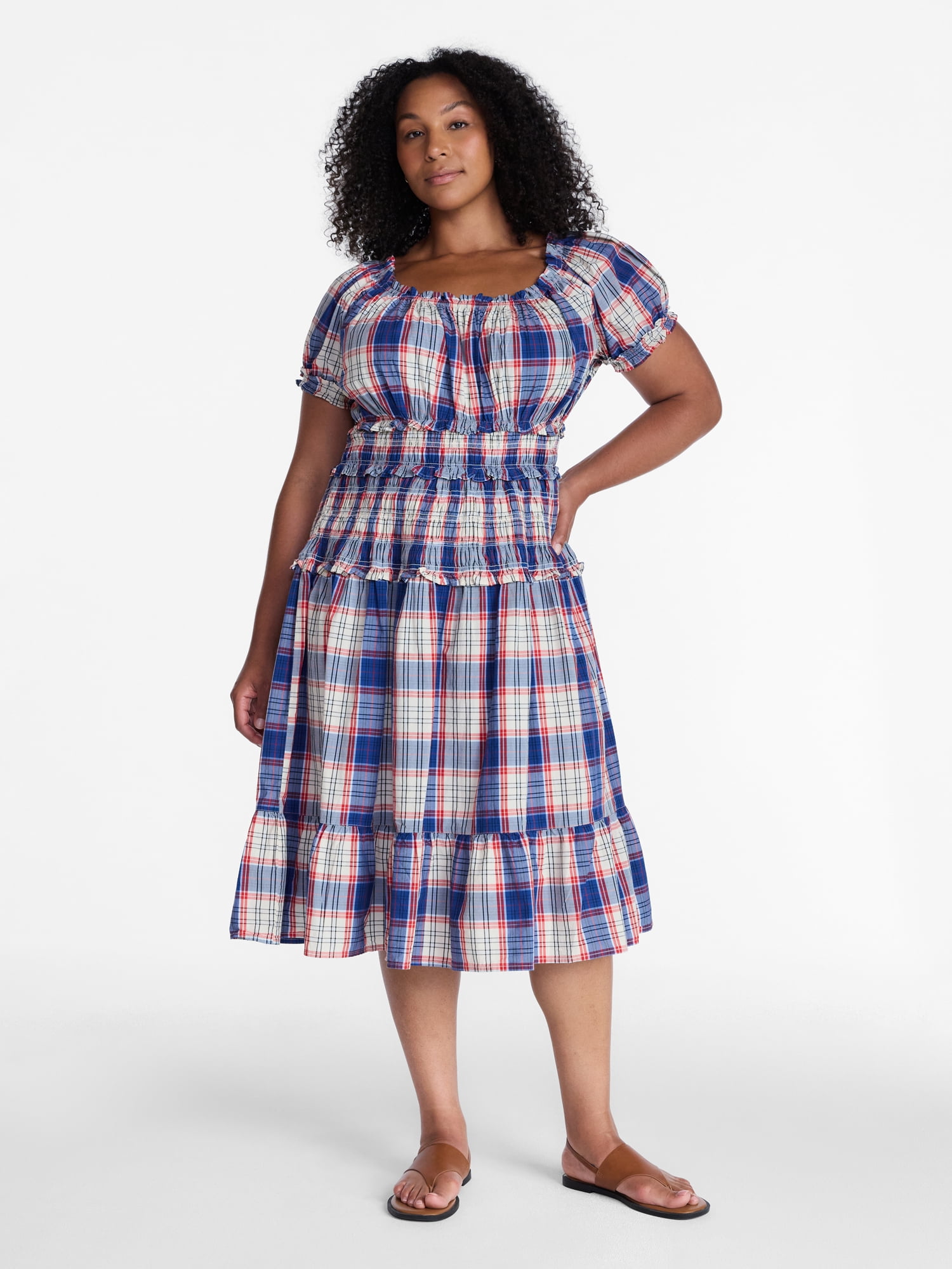 Time and Tru Women's Smocked Cotton Peasant Midi Dress, Sizes XS-XXXL