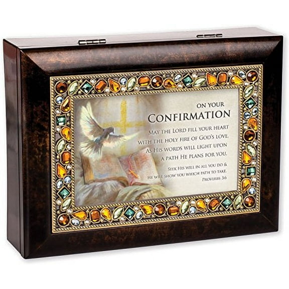 On Your Confirmation Day Burlwood Finish Jeweled Lid Jewelry Music Box Plays Tune How Great Thou Art