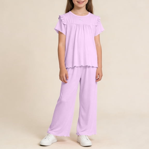 ATOGUTA Cute Outfits for Girls Summer Short Sleeve T-Shirts and Wide-Leg Pants Set Fashion Clothing Sets Purple, Size 1T-16