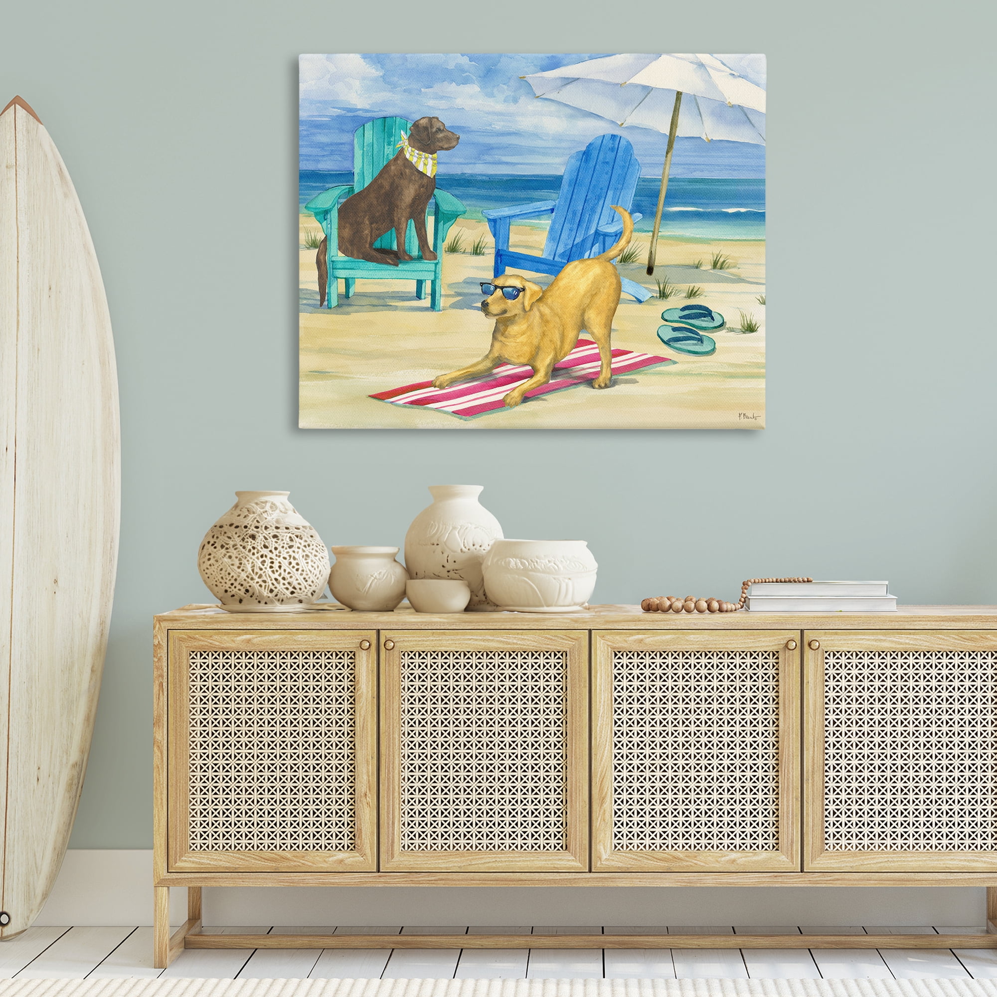 Stupell Industries Dogs on Beach Towel Animals & Insects Painting Gallery Wrapped Canvas Art Print Wall Art, 48 x 36