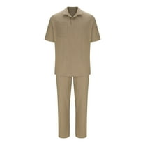 Stamzod Mens 2 Piece Outfits Summer Solid Color Turndown Shirts and Pants Daily Casual Loose Plus Size Vacation Outfits for Men with Pocket Khaki XXXL