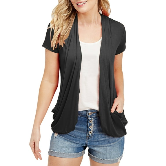 Langwyqu Open Front Drape Sweater Tops Short Sleeve Knit Light Cardigan