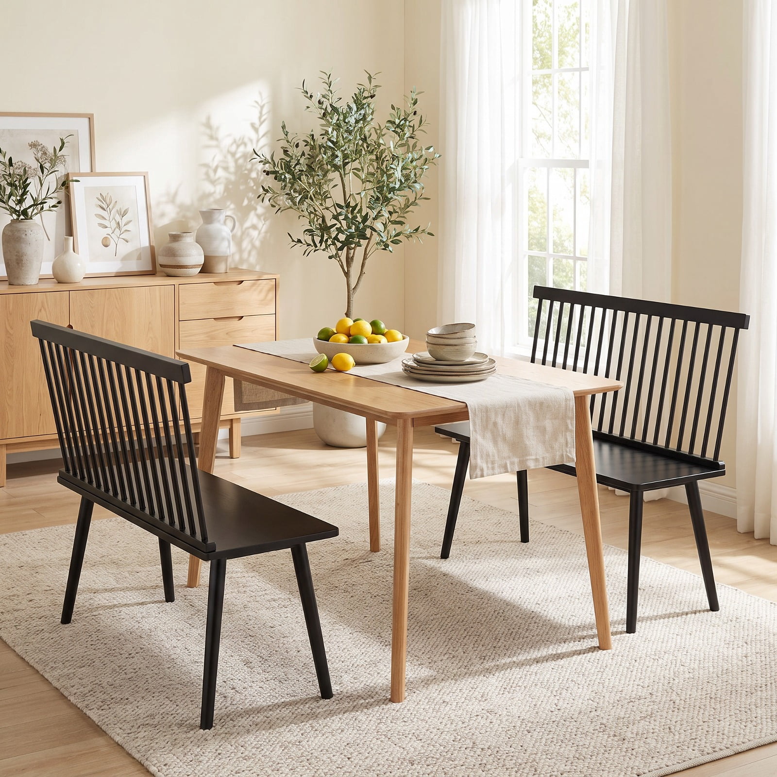 Furnibear Entryway Bench for 2 with Spindle Back for Kitchen Dining Room and Hallway
